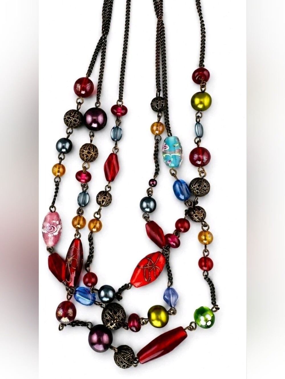 Vtg. Avon Triple Strand Necklace Colorful Acrylic Beads 16"
